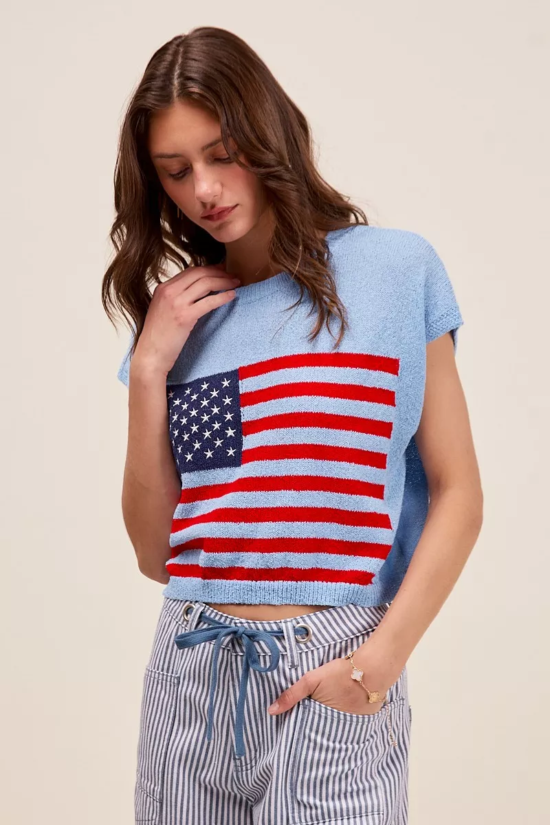 SO ME Fourth Of July American Flag Boxy Fit Sweater Top - Image 4