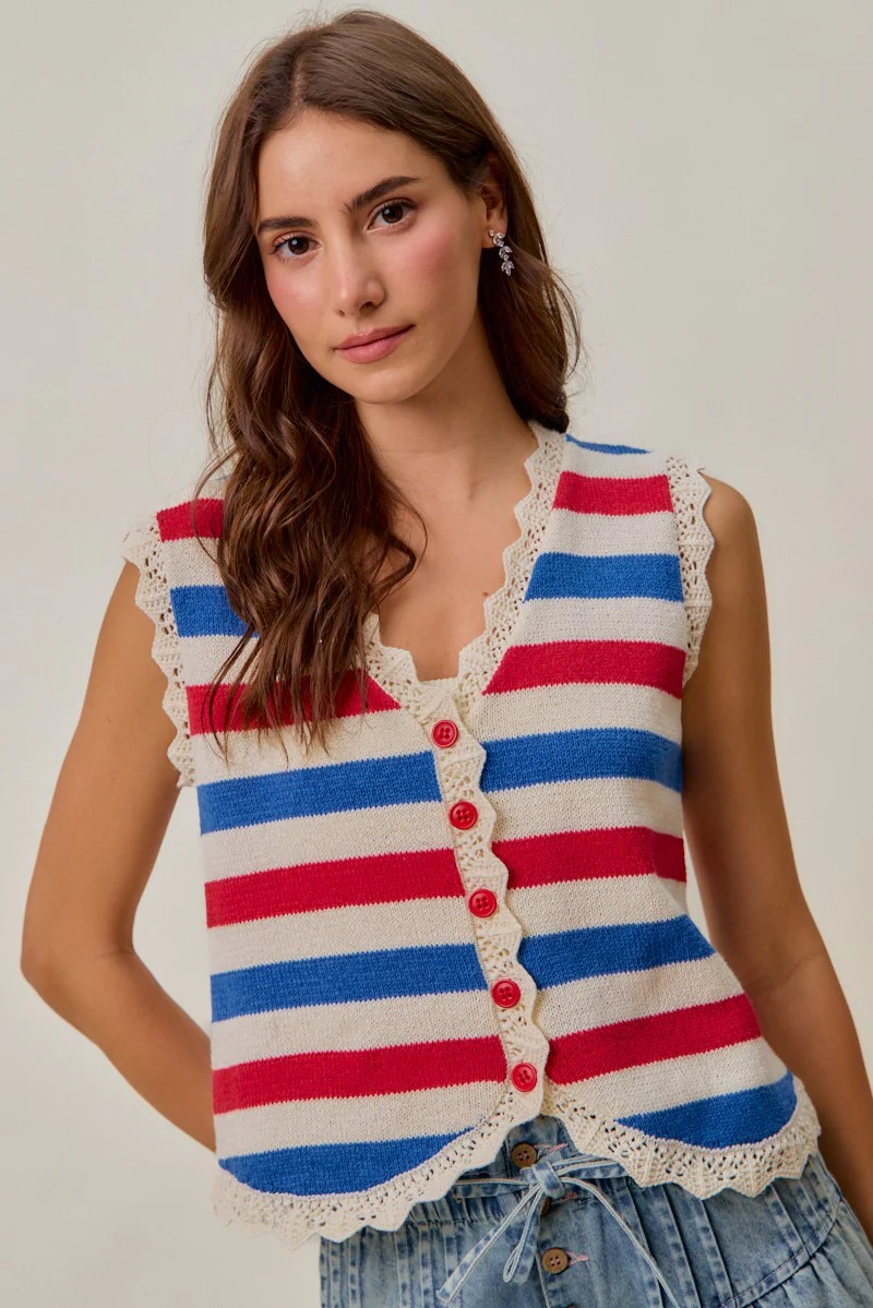 SO ME Fourth Of July Stripe Button Down Vest Top - Image 4