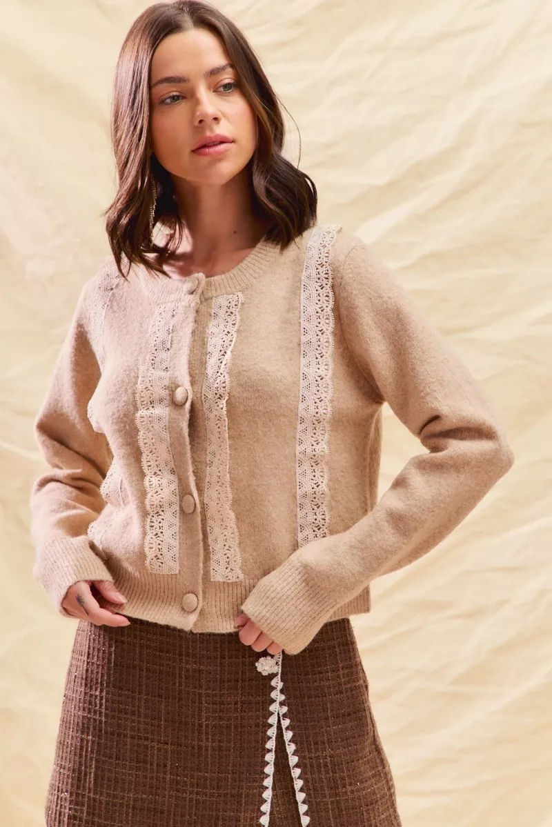 SO ME Front Lace Trim Button Cardigan Sweater