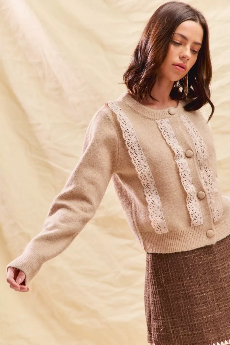 SO ME Front Lace Trim Button Cardigan Sweater - Image 6