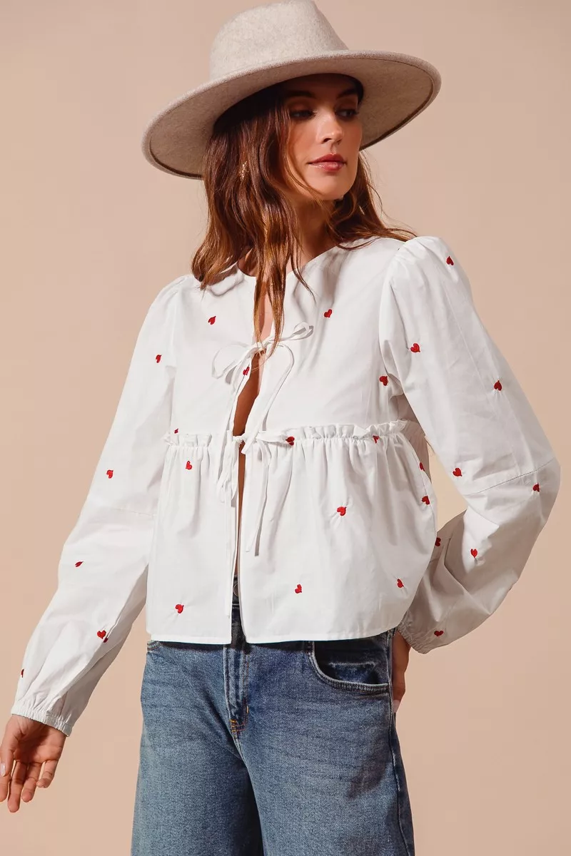 SO ME Front Tie Heart Embroidered Blouse With Puff Sleeve - Image 4
