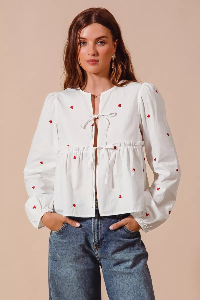 SO ME Front Tie Heart Embroidered Blouse With Puff Sleeve - Image 9