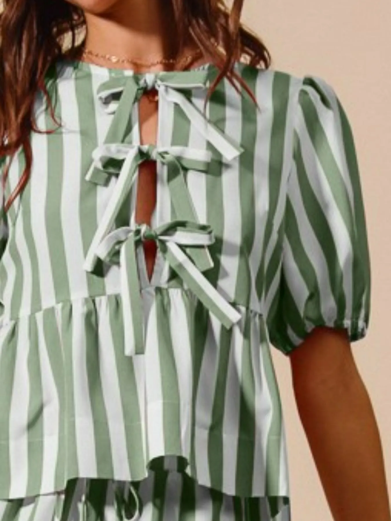SO ME Front Tie Stripe Puff Sleeves Top and Wide Leg Pants Set - Image 3