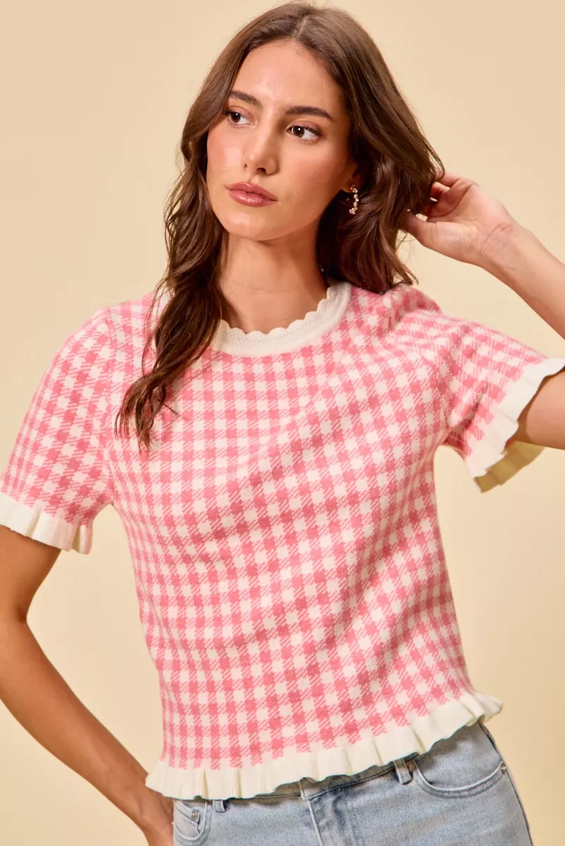 SO ME Gingham Knit Ruffled Short Sleeves Sweater Top - Image 8