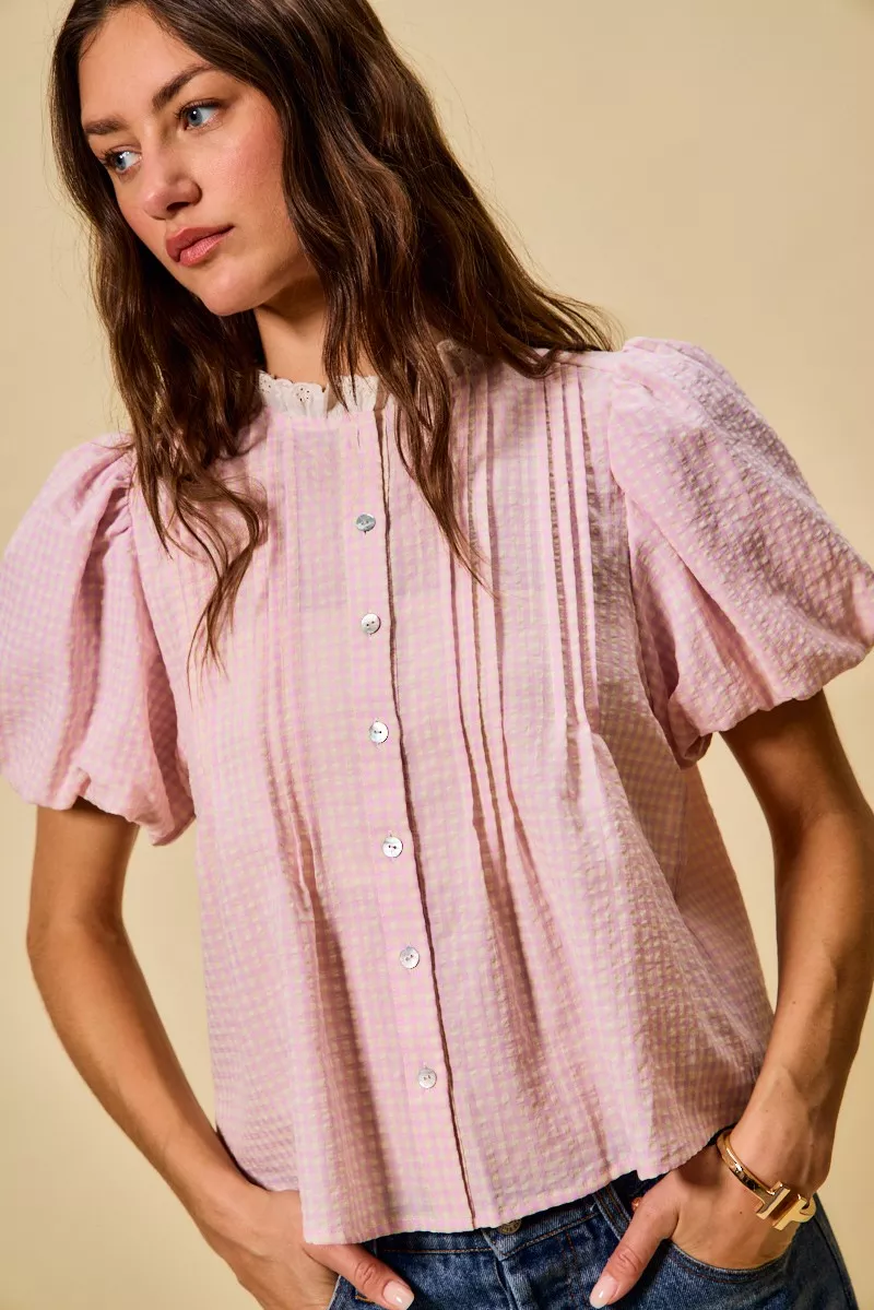 SO ME Gingham Lace Trim Button Bubble Sleeves Blouse - Image 12