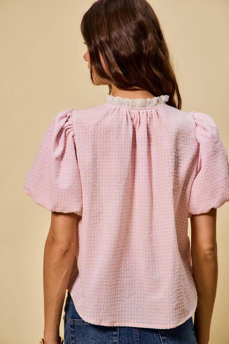 SO ME Gingham Lace Trim Button Bubble Sleeves Blouse - Image 18