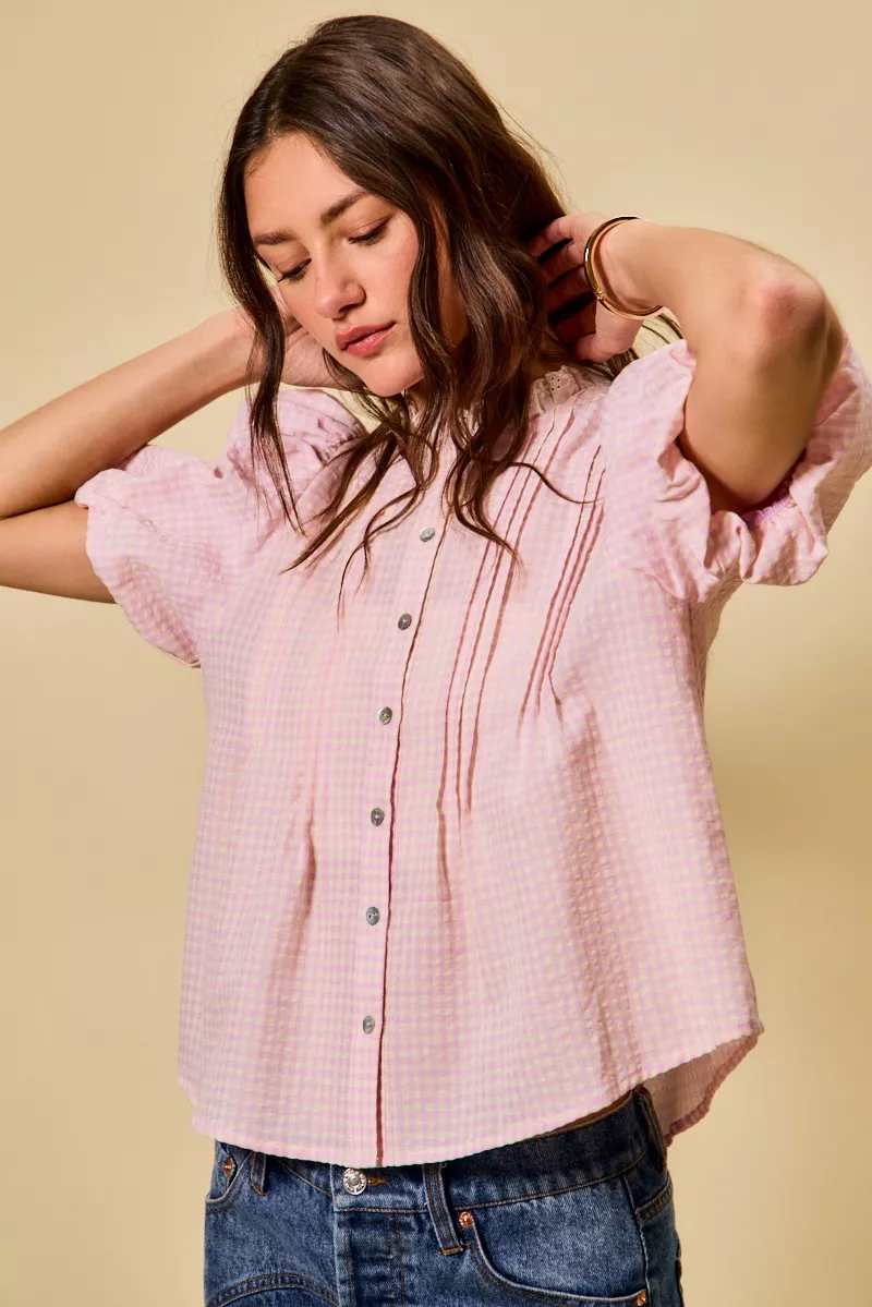 SO ME Gingham Lace Trim Button Bubble Sleeves Blouse - Image 3