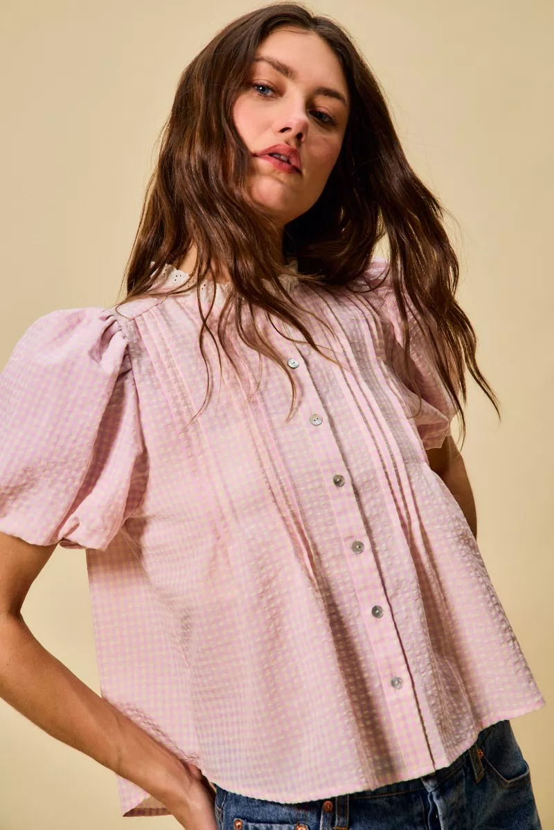 SO ME Gingham Lace Trim Button Bubble Sleeves Blouse - Image 4