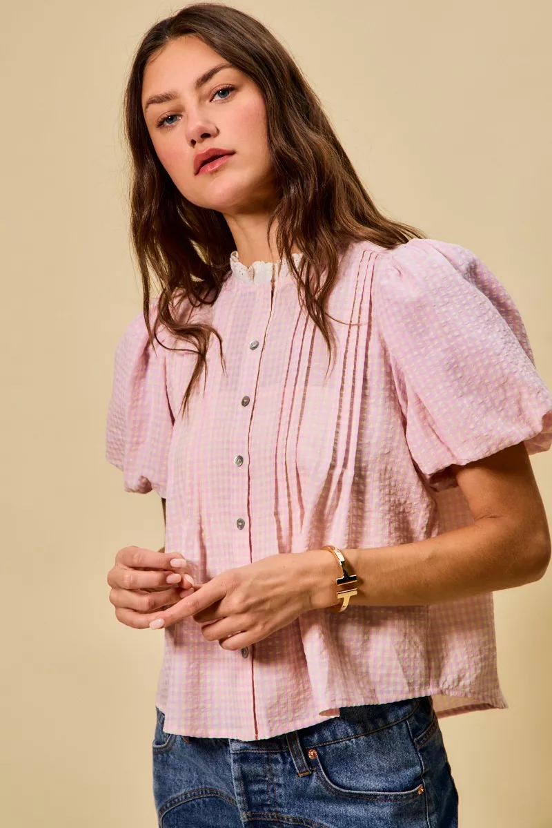 SO ME Gingham Lace Trim Button Bubble Sleeves Blouse - Image 5