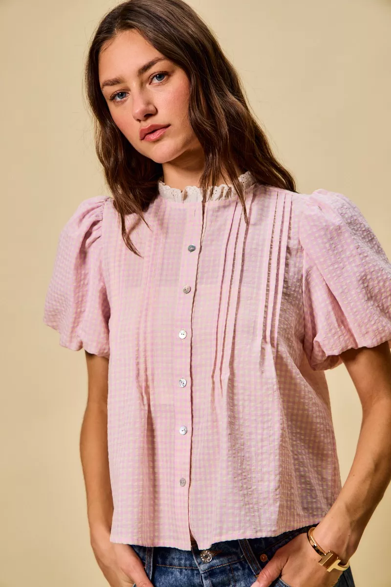 SO ME Gingham Lace Trim Button Bubble Sleeves Blouse - Image 7