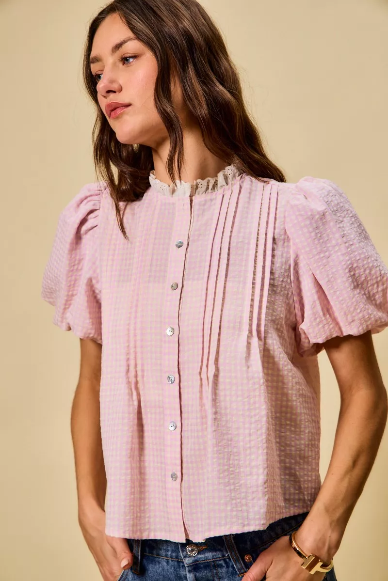 SO ME Gingham Lace Trim Button Bubble Sleeves Blouse - Image 8