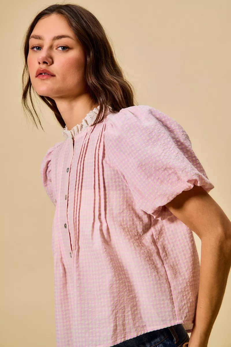 SO ME Gingham Lace Trim Button Bubble Sleeves Blouse - Image 9