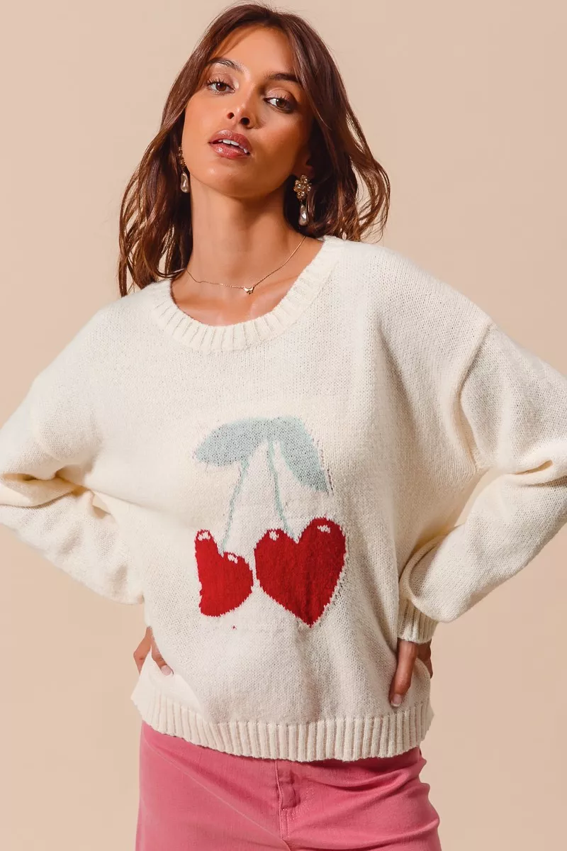 SO ME Heart Cherry Knitted Valentine Sweater Top - Image 2