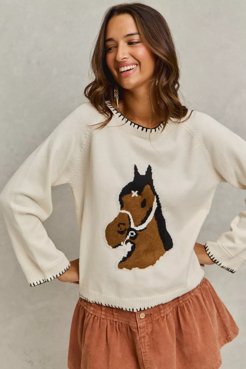 SO ME Horse Knit Sweater Top with Blanket Stitch - Image 9