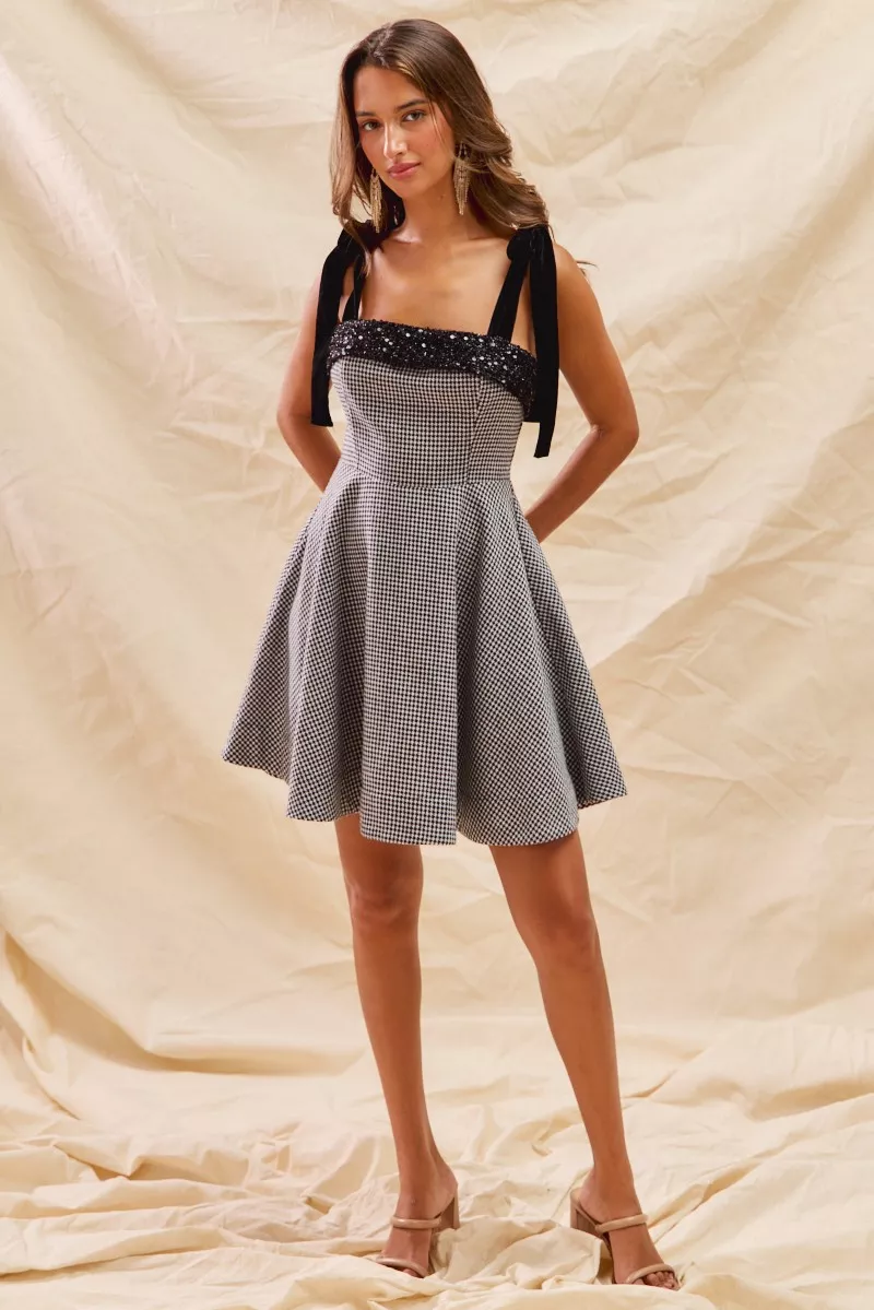 SO ME Houndstooth Fit Flare Mini Dress with Shoulder Tie - Image 11