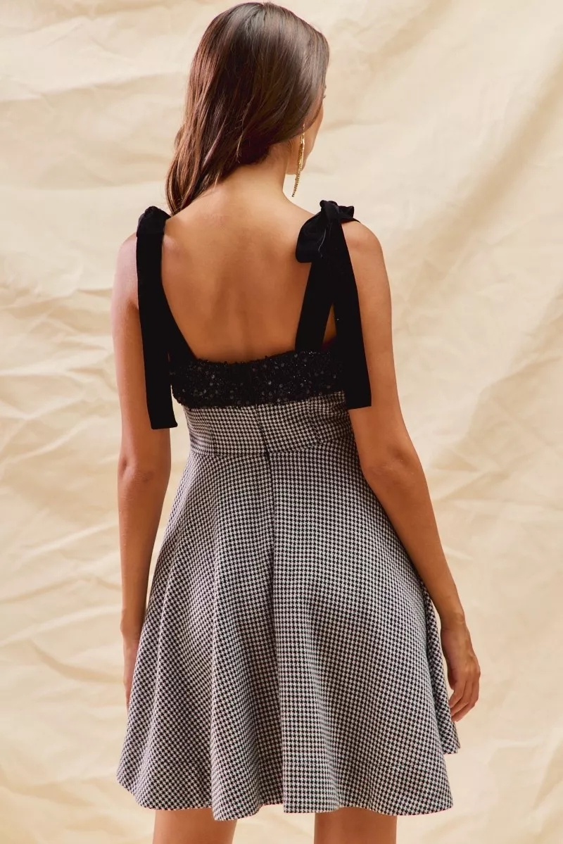 SO ME Houndstooth Fit Flare Mini Dress with Shoulder Tie - Image 2
