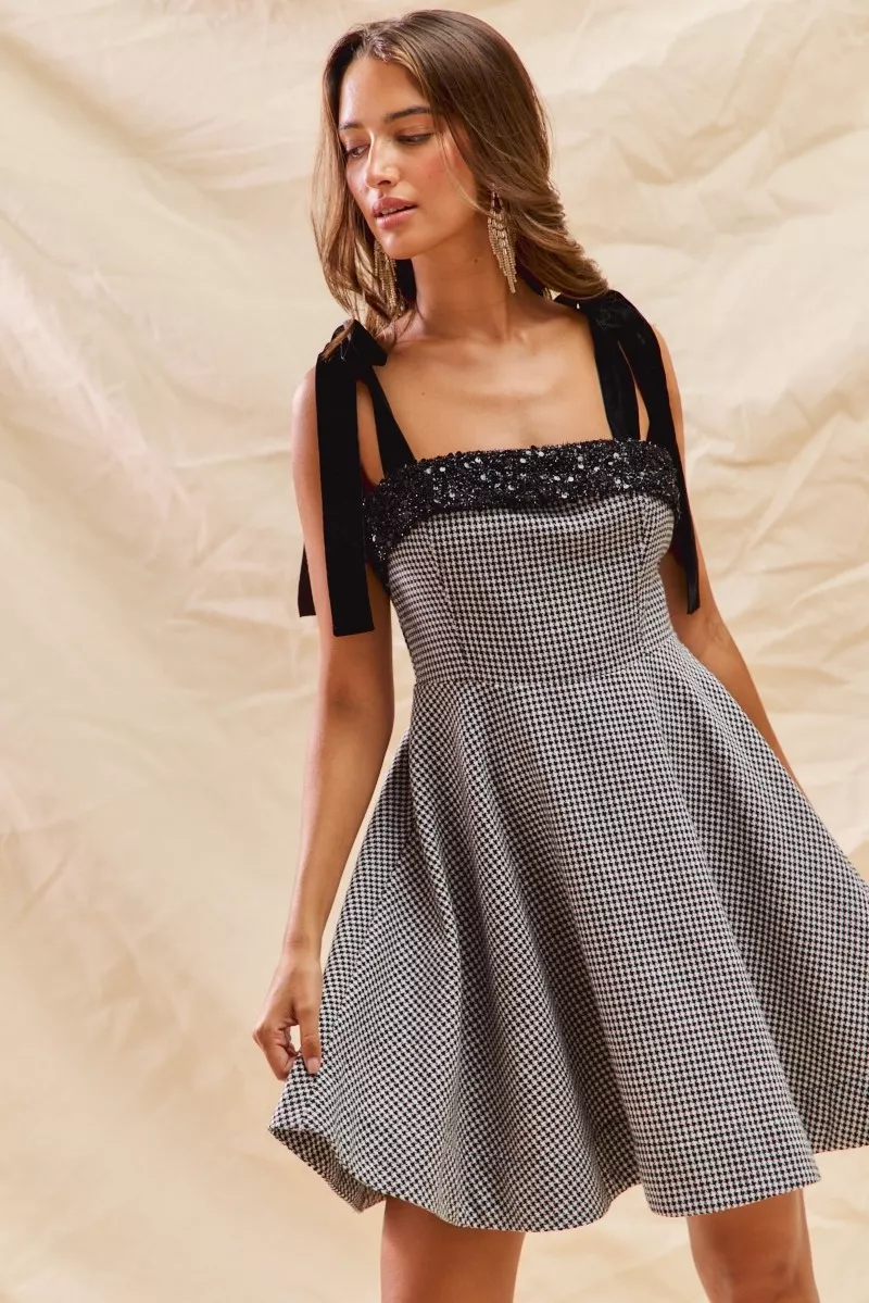 SO ME Houndstooth Fit Flare Mini Dress with Shoulder Tie - Image 3
