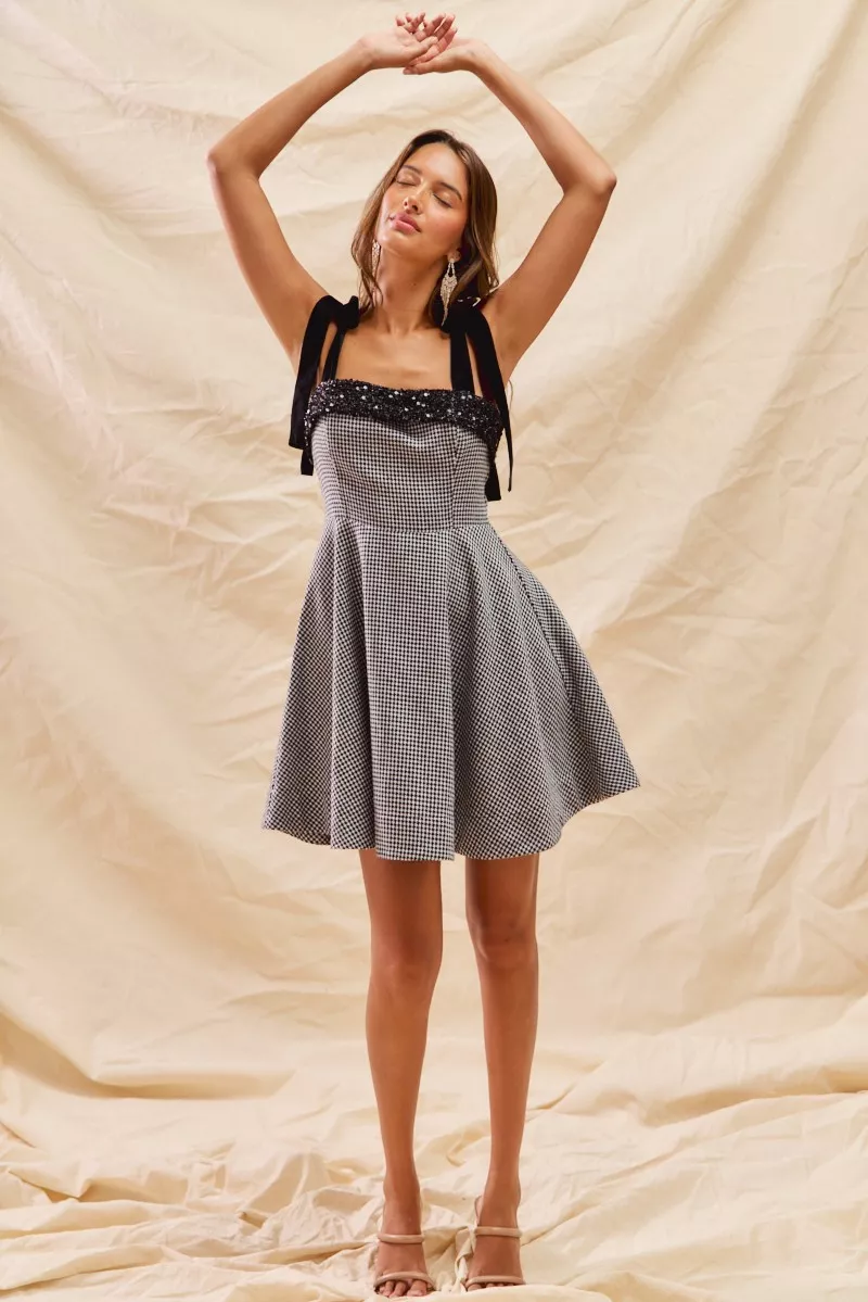SO ME Houndstooth Fit Flare Mini Dress with Shoulder Tie - Image 5