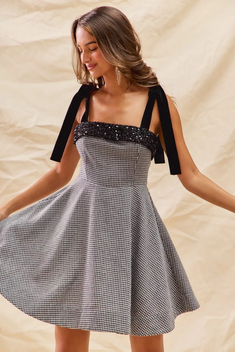 SO ME Houndstooth Fit Flare Mini Dress with Shoulder Tie - Image 6