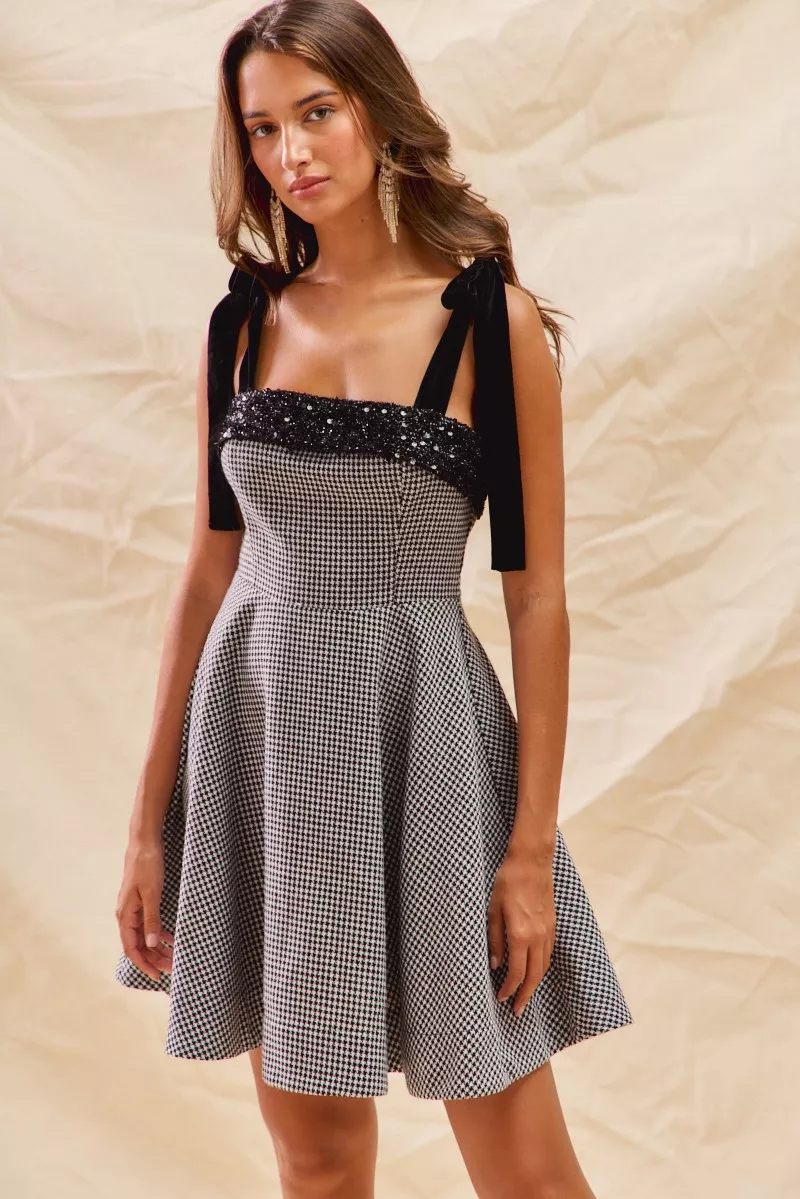 SO ME Houndstooth Fit Flare Mini Dress with Shoulder Tie - Image 7