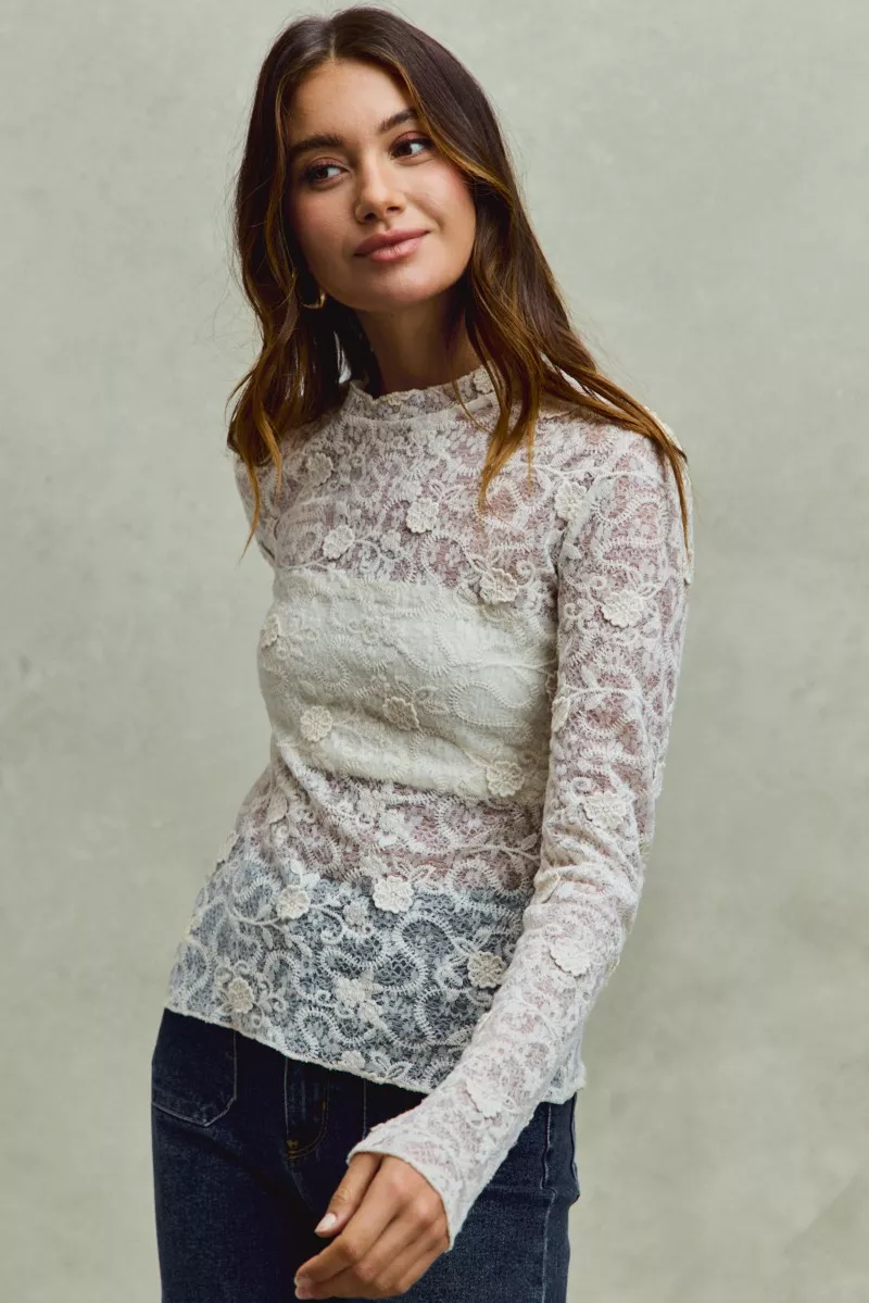 SO ME Lace Long Sleeve 3d Effect Floral Layering Top - Image 11