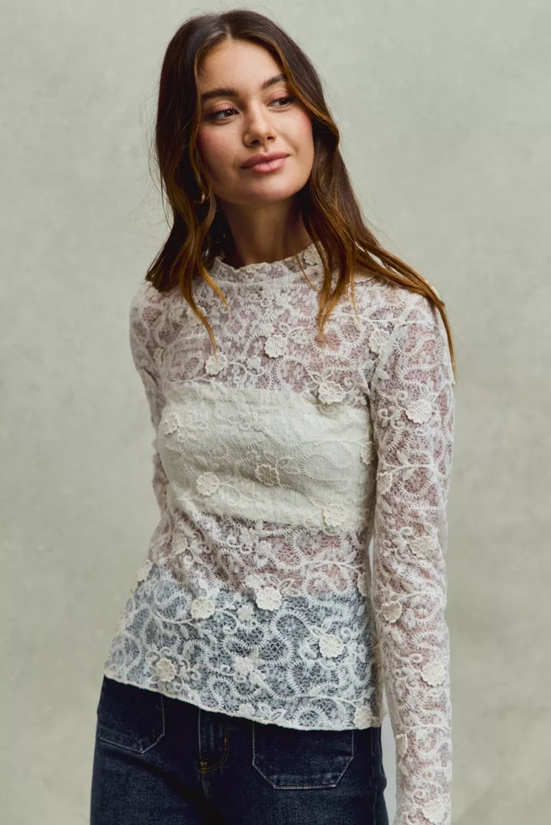 SO ME Lace Long Sleeve 3d Effect Floral Layering Top - Image 7