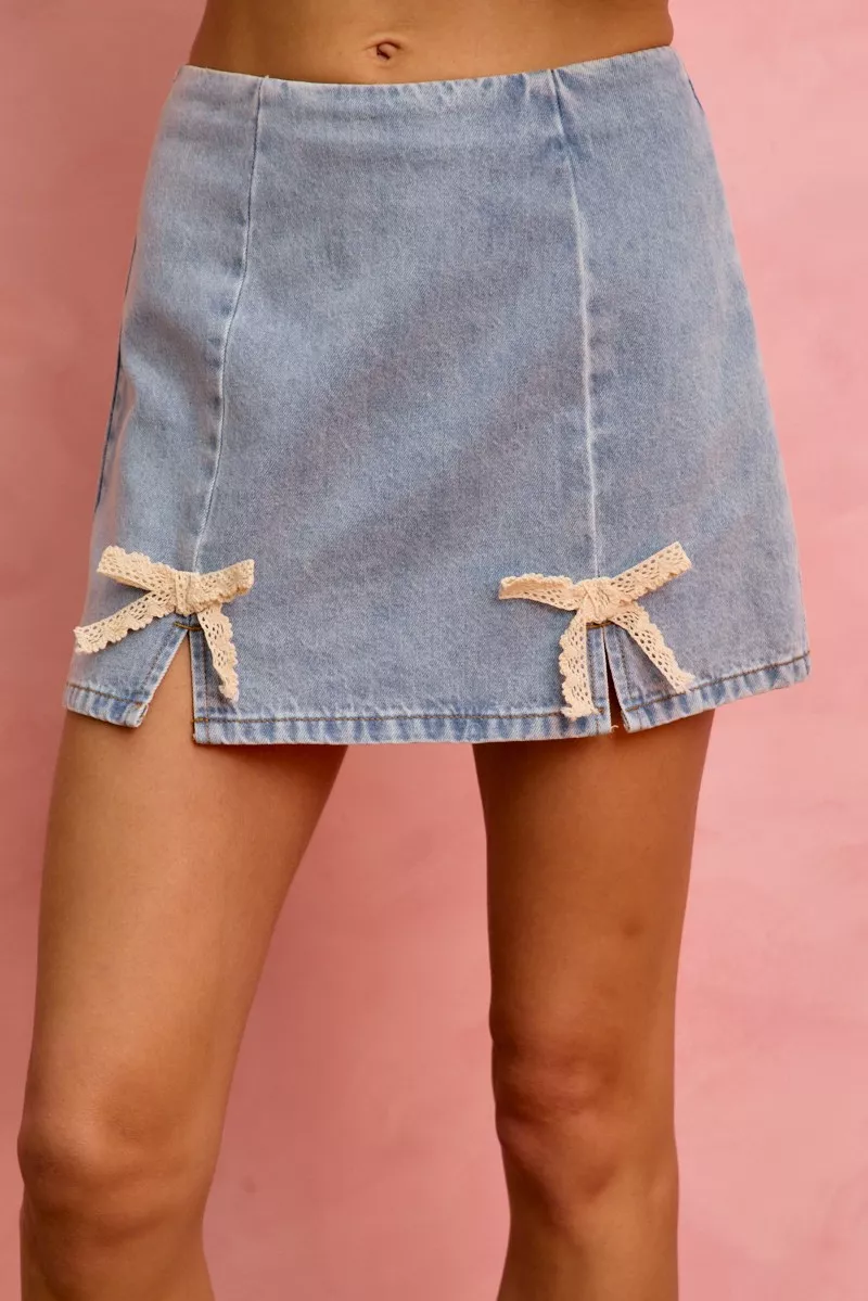 SO ME Lace Ribbon Trim Denim Mini Skirt - Image 2