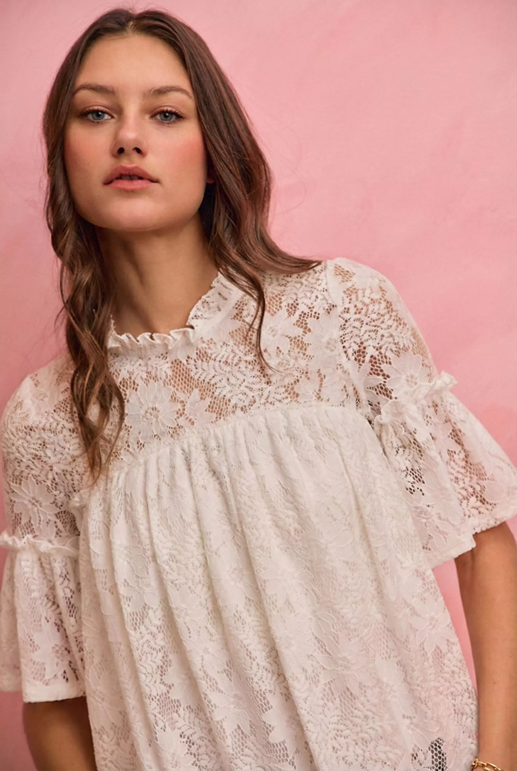 SO ME Lace Ruffled Short Sleeves Swing Top - Image 19