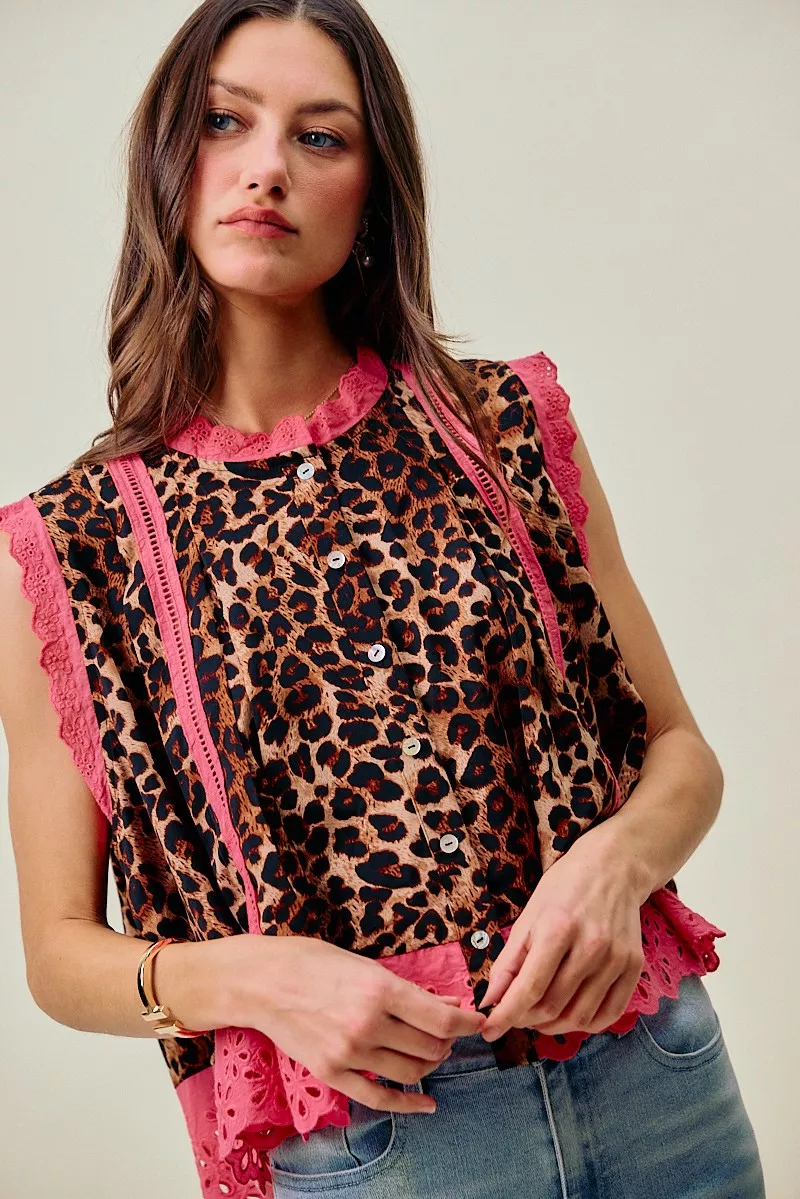 SO ME Leopard Button Up Pleated Sleeveless Blouse - Image 2