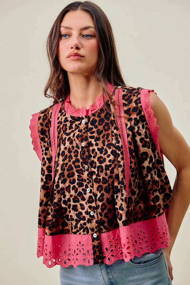 SO ME Leopard Button Up Pleated Sleeveless Blouse - Image 7