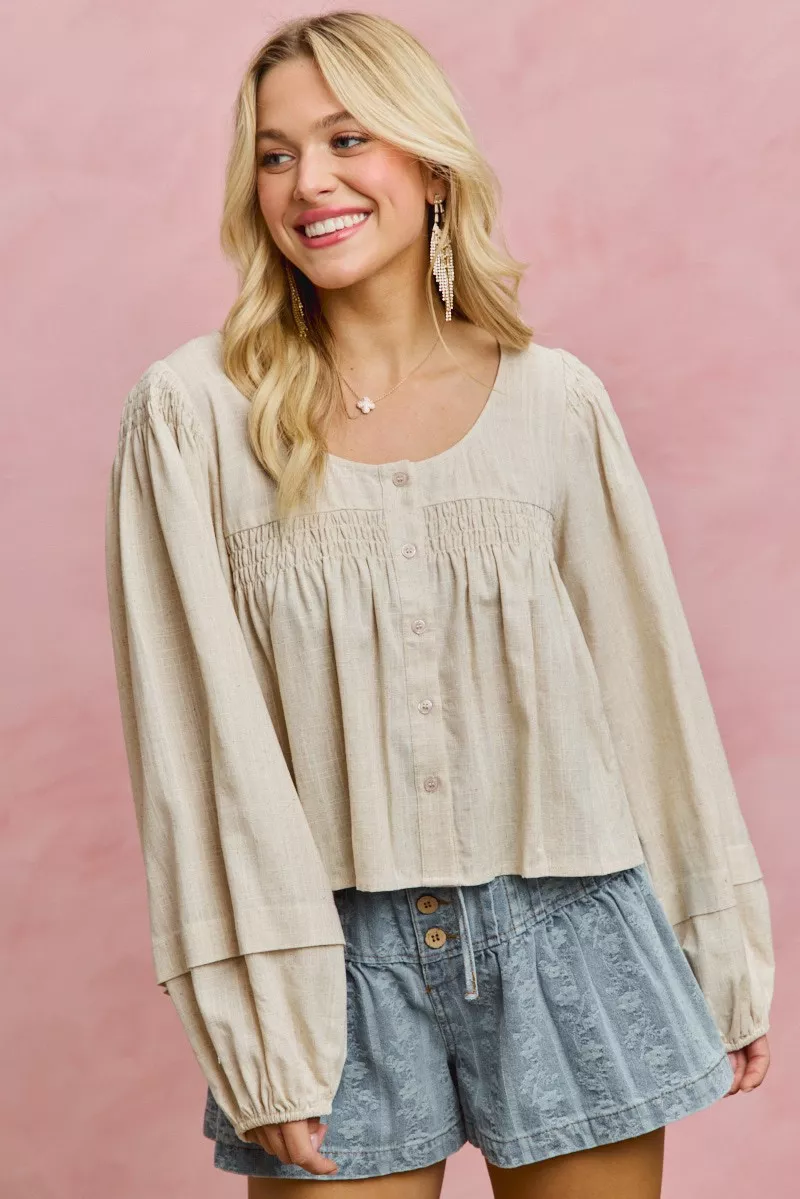 SO ME Linen Blend Woven Long Sleeve With Smocking Top - Image 10