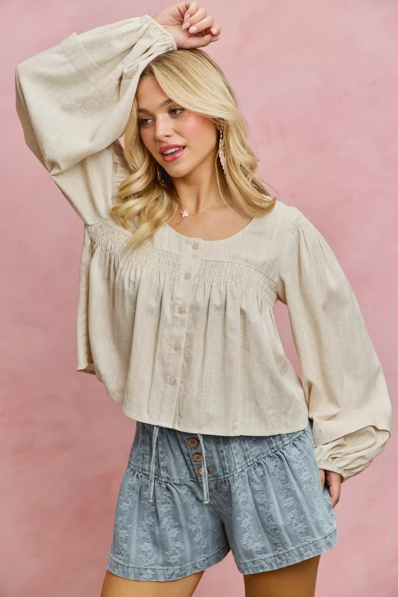 SO ME Linen Blend Woven Long Sleeve With Smocking Top - Image 11