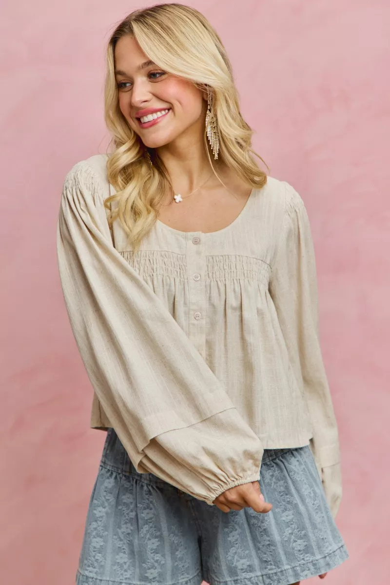 SO ME Linen Blend Woven Long Sleeve With Smocking Top - Image 12