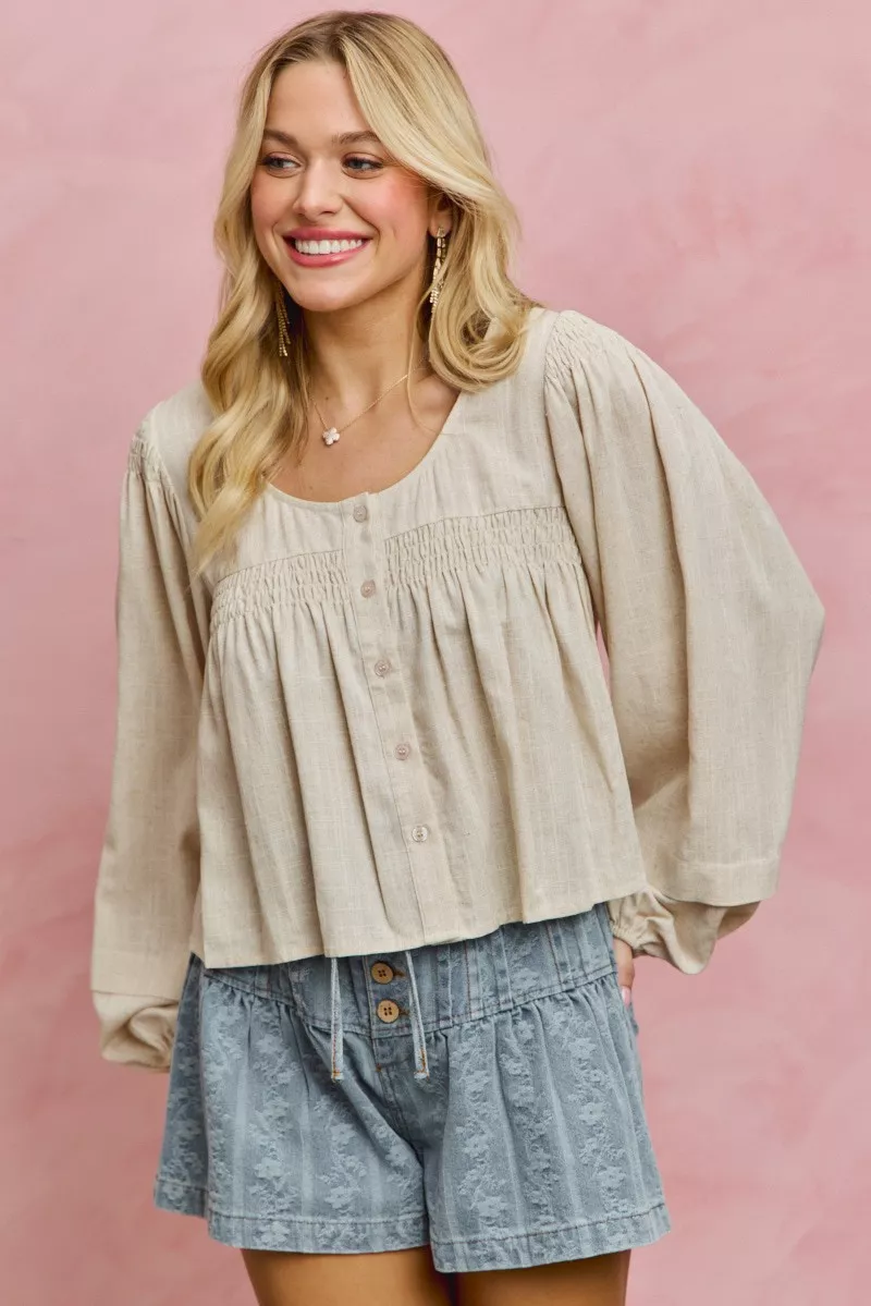 SO ME Linen Blend Woven Long Sleeve With Smocking Top - Image 13