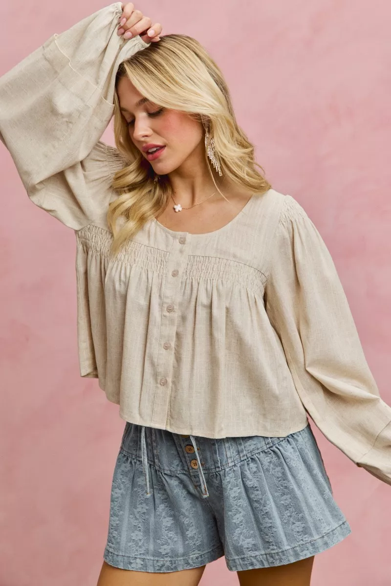 SO ME Linen Blend Woven Long Sleeve With Smocking Top - Image 14