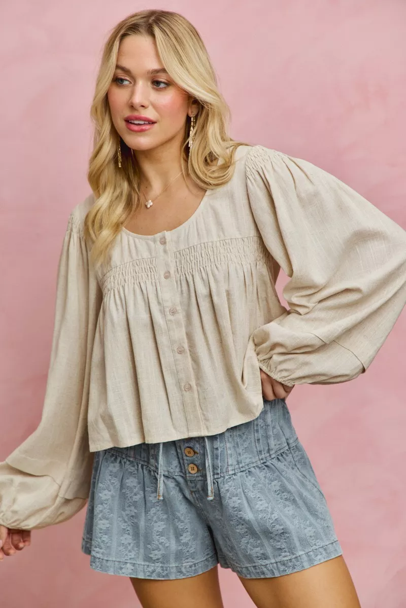 SO ME Linen Blend Woven Long Sleeve With Smocking Top - Image 16