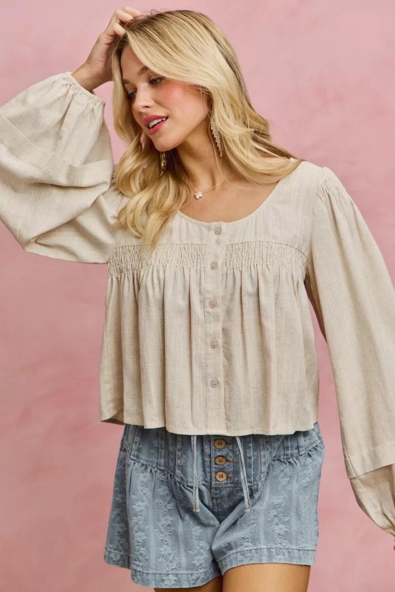 SO ME Linen Blend Woven Long Sleeve With Smocking Top - Image 2