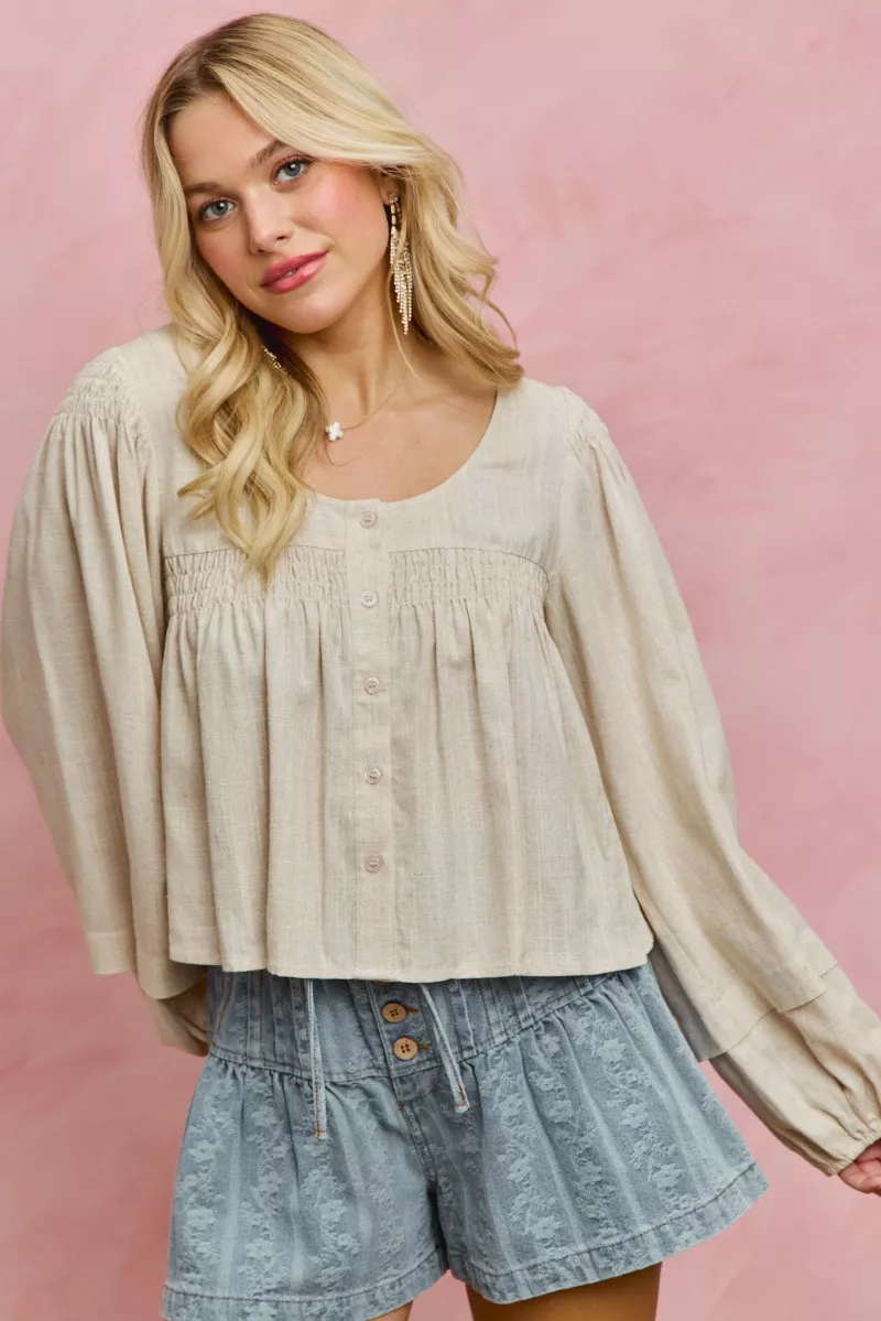 SO ME Linen Blend Woven Long Sleeve With Smocking Top - Image 3
