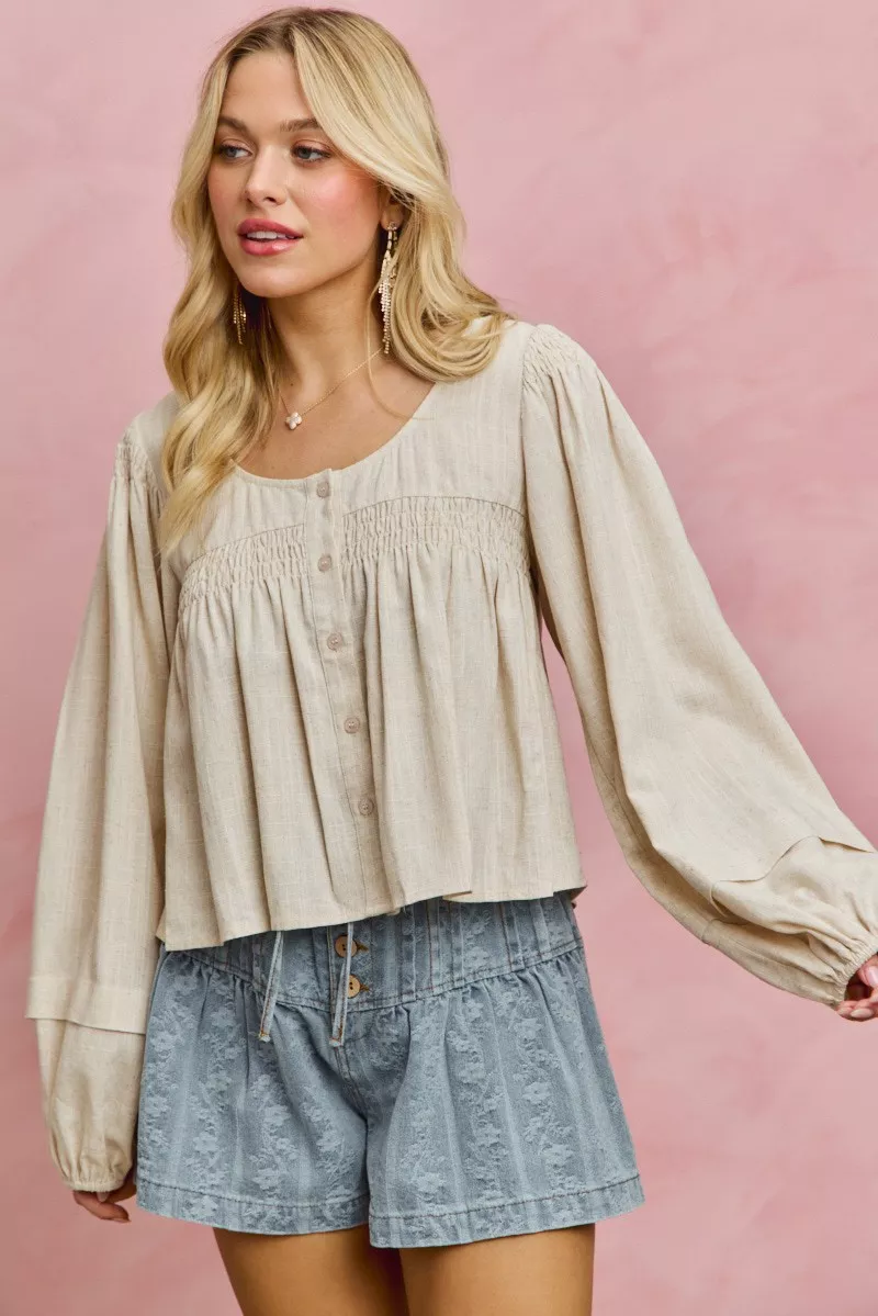 SO ME Linen Blend Woven Long Sleeve With Smocking Top - Image 4