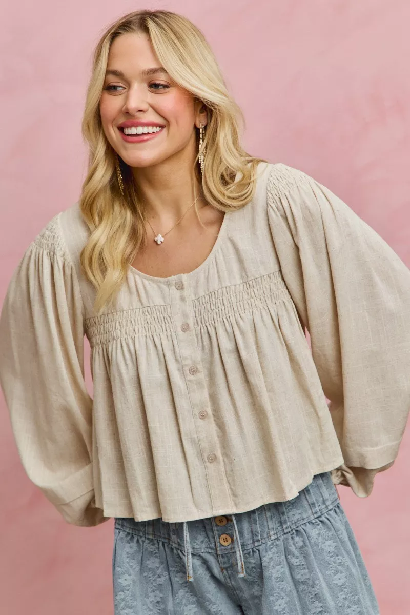 SO ME Linen Blend Woven Long Sleeve With Smocking Top - Image 9
