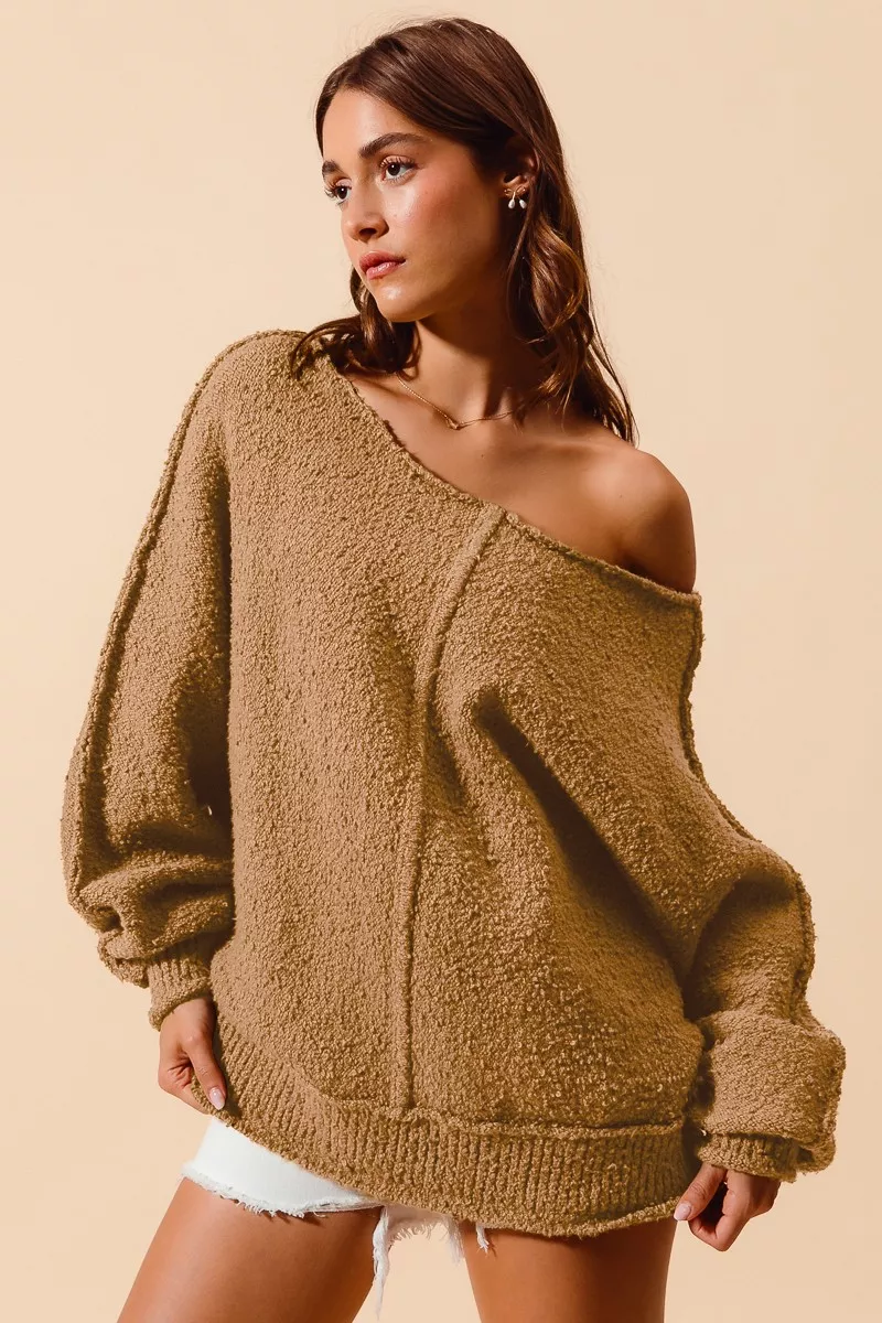 SO ME Loose Fit Exposed Seam Slouchy Boucle Sweater - Image 8