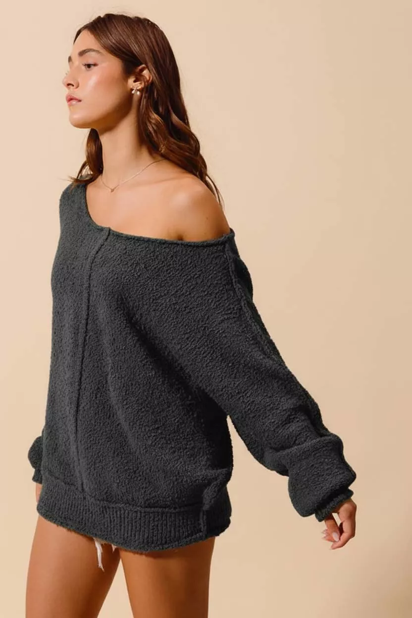 SO ME Loose Fit Exposed Seam Slouchy Boucle Sweater - Image 2
