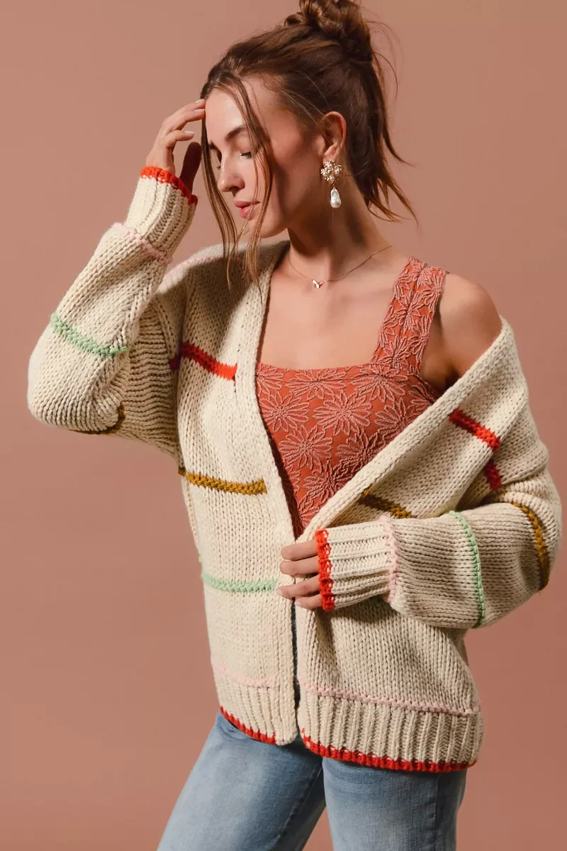 SO ME Loose Fit Multi Stripe Open Front Cardigan - Image 10