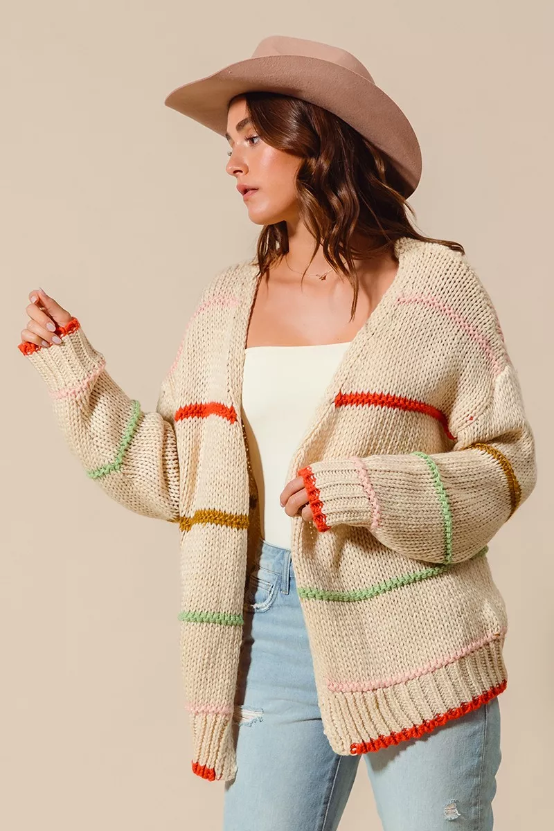 SO ME Loose Fit Multi Stripe Open Front Cardigan - Image 2
