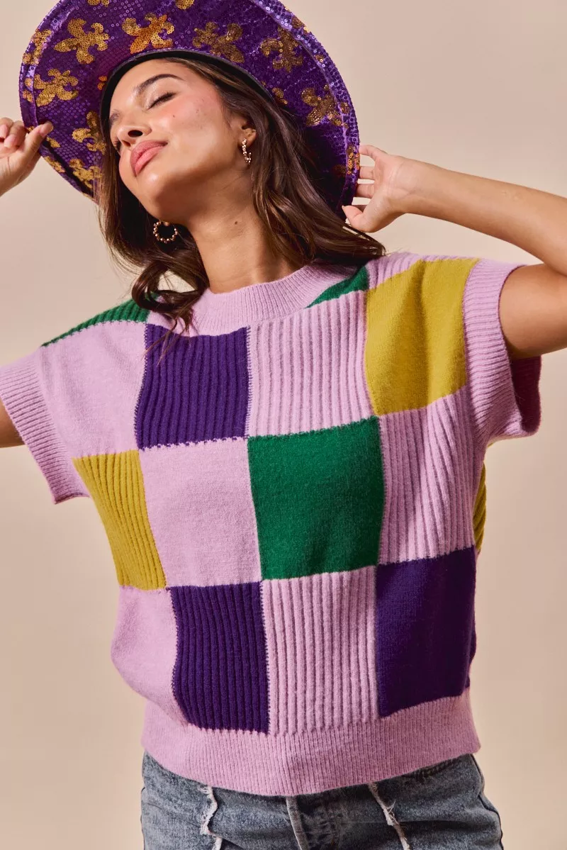 SO ME Mardi Gras Check Plaid Casual Sweater Top - Image 10