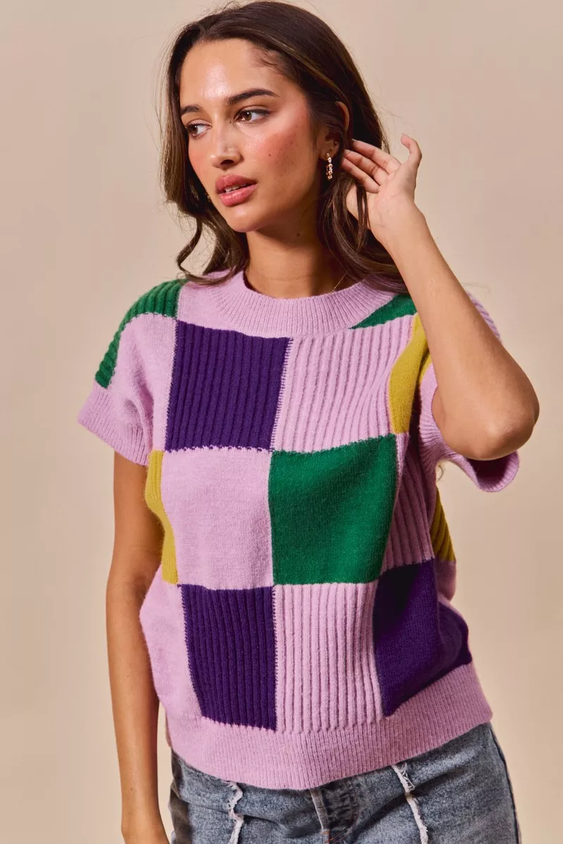 SO ME Mardi Gras Check Plaid Casual Sweater Top - Image 14