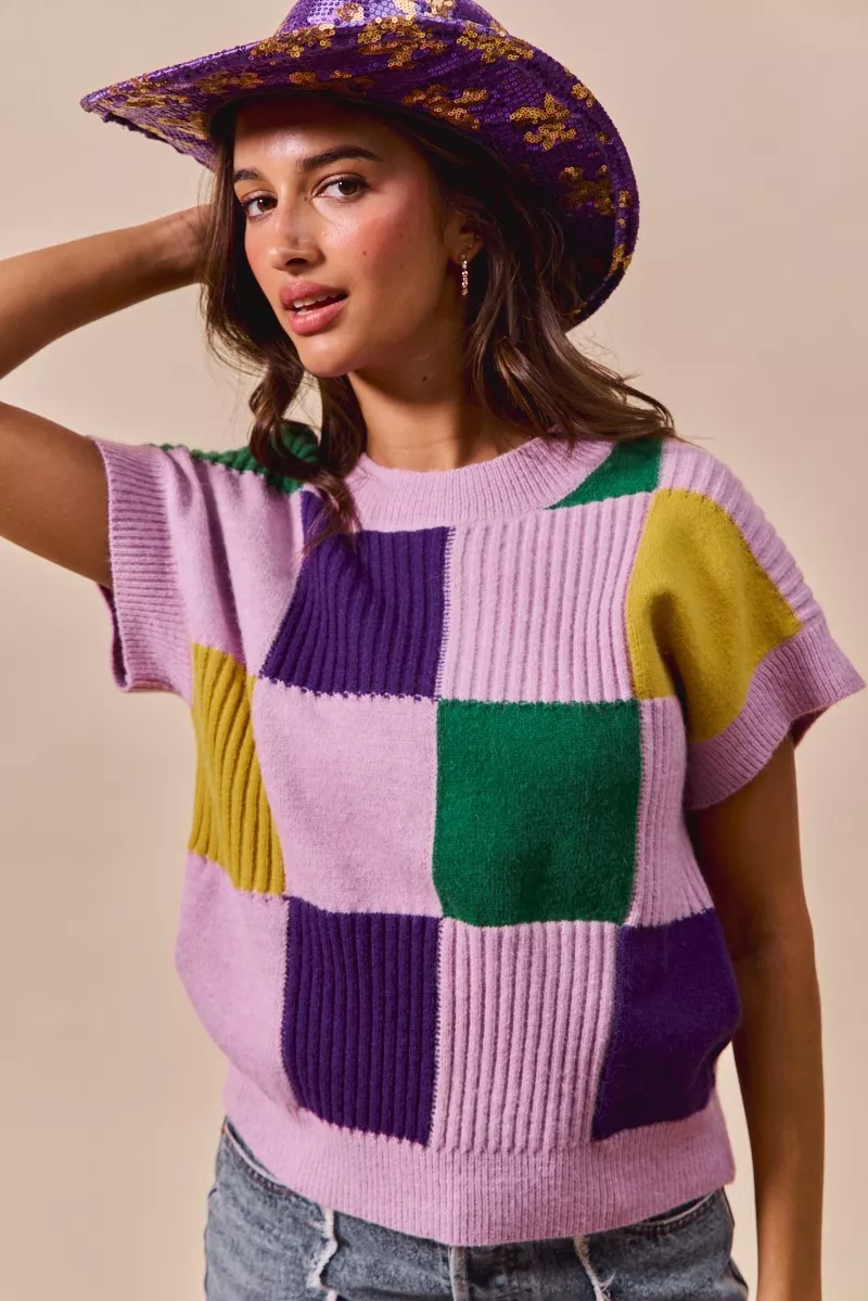 SO ME Mardi Gras Check Plaid Casual Sweater Top - Image 16