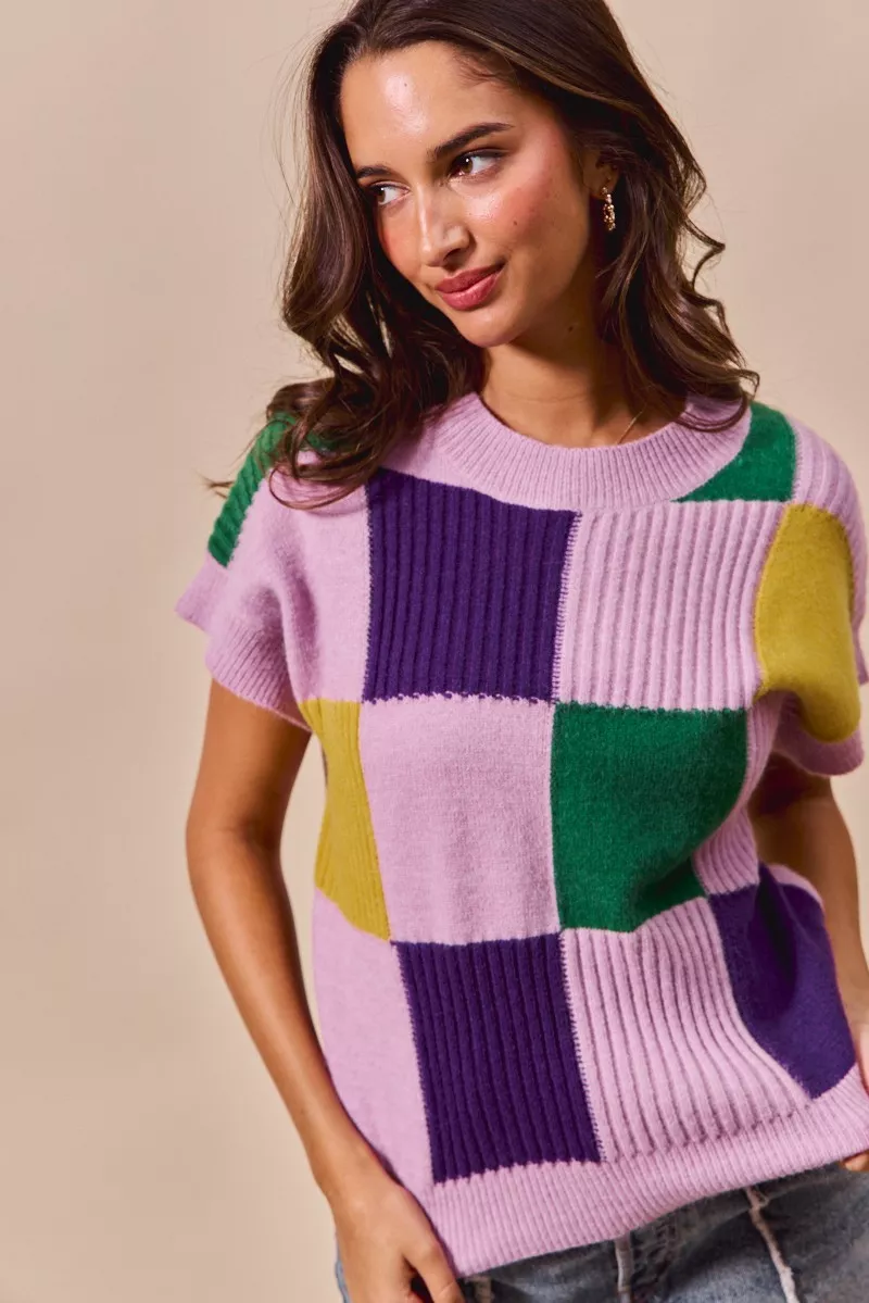 SO ME Mardi Gras Check Plaid Casual Sweater Top - Image 3