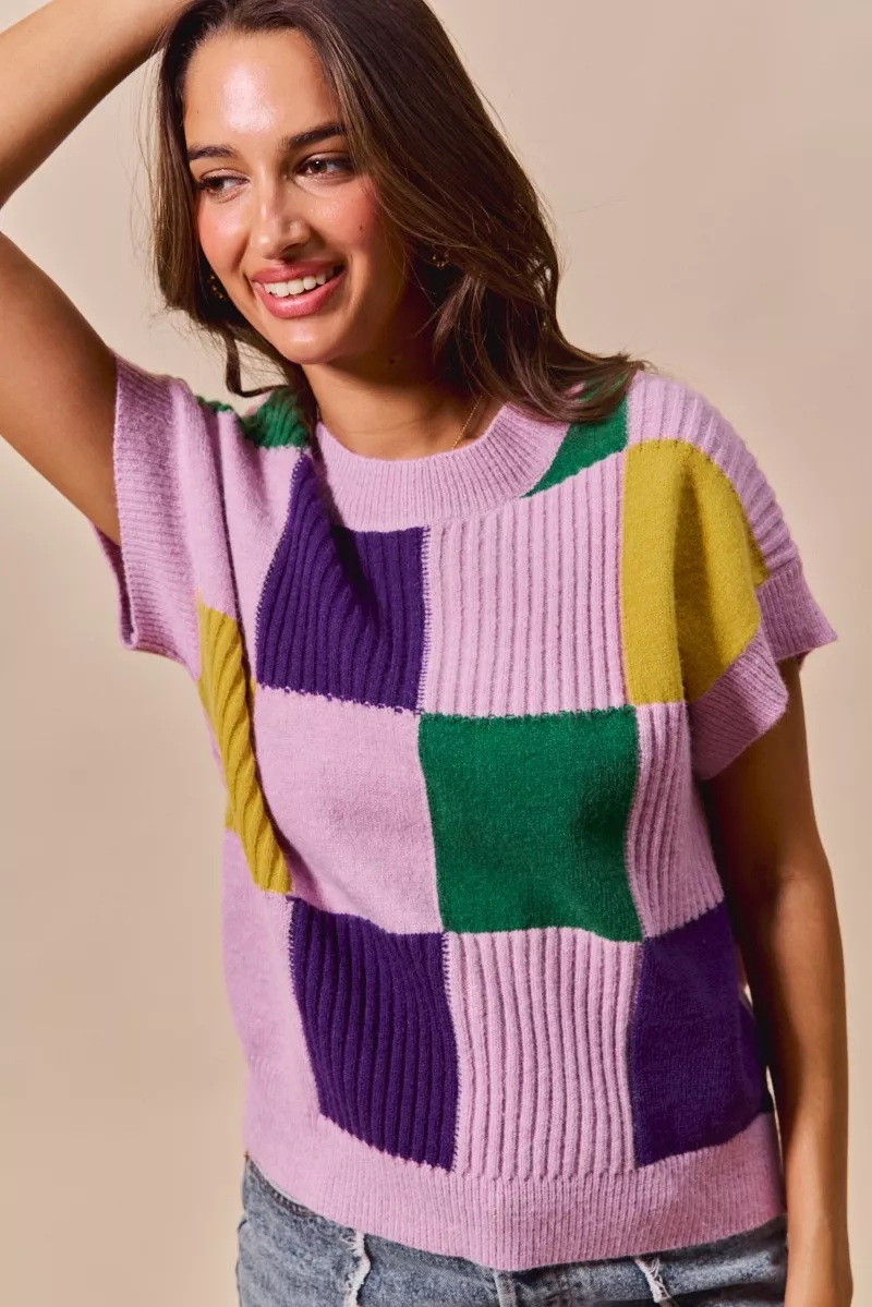 SO ME Mardi Gras Check Plaid Casual Sweater Top - Image 4