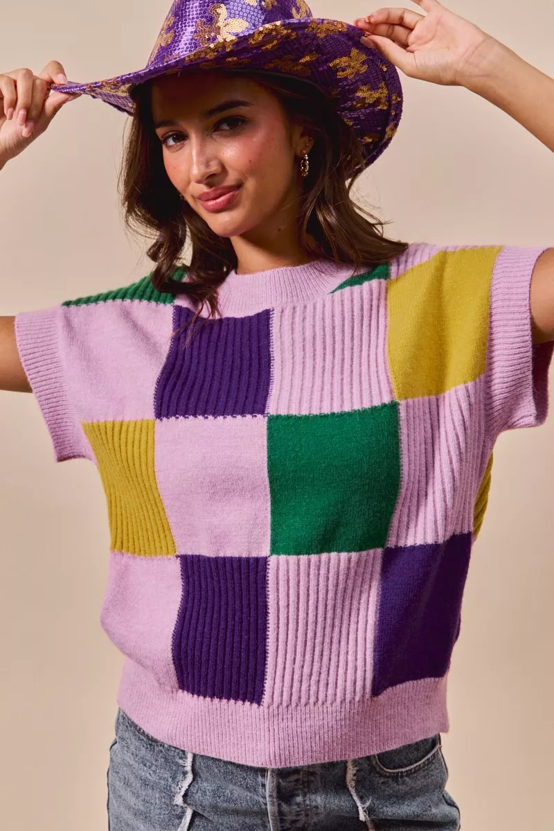 SO ME Mardi Gras Check Plaid Casual Sweater Top - Image 9